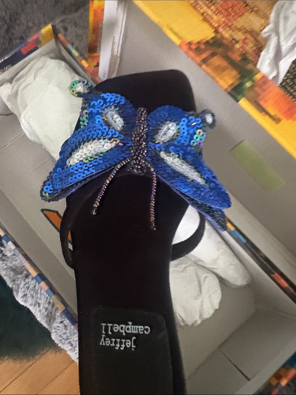 Jeffrey Campbell Blue Sequin Butterfly Slide Sandals